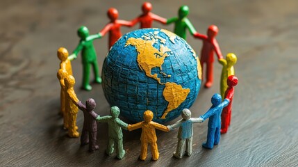 Globe with human figures of various ethnicities holding hands around it, representing unity and freedom across the world.