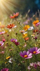 Fototapeta premium Vibrant wildflower field in full bloom with sunlight filtering through foliage
