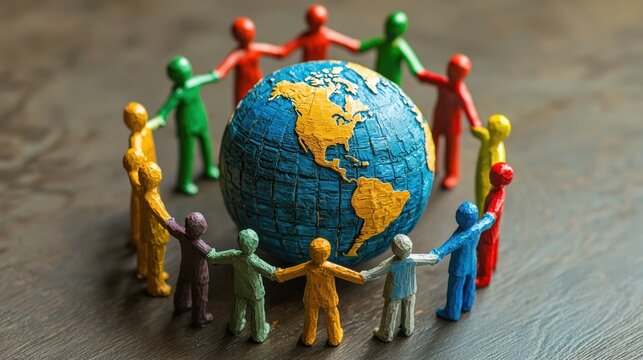 Globe with human figures of various ethnicities holding hands around it, representing unity and freedom across the world.