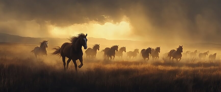 Herd of horses running through a field at sunset.