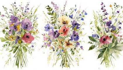 Set of watercolor flowers paintings, floral vintage bouquet illustrations with wildflowers and leaves. Designer poster, greeting card, birthday card. Isolated on white.