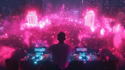 Obraz premium An energetic DJ performing at a vibrant festival, surrounded by dazzling lights and an enthusiastic crowd creating an unforgettable night.