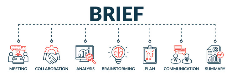 Banner of brief web vector illustration concept with icons of meeting, collaboration, analysis, brainstorming, plan, communication, summary