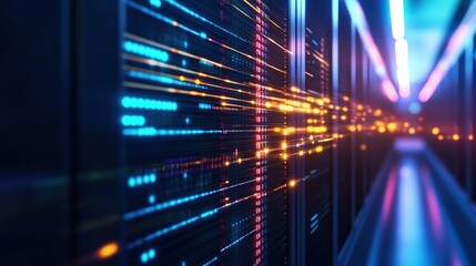 Data center lights and networking cables in a modern server room.