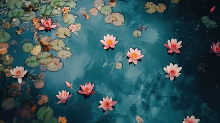 A high-angle shot of vibrant lotus flowers scattered across a tranquil pond, their delicate petals reflected perfectly in the still water