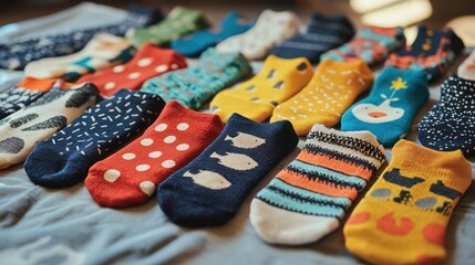 Display of a collection of quirky, mismatched socks laid out on a table, showcasing their unique designs.
