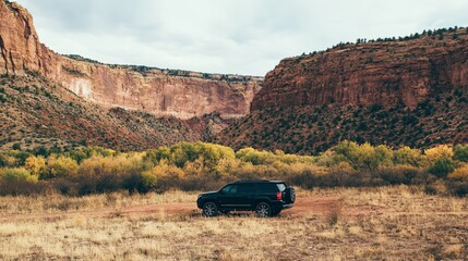Fototapeta premium Black SUV parked in a canyon with red cliffs and golden trees.