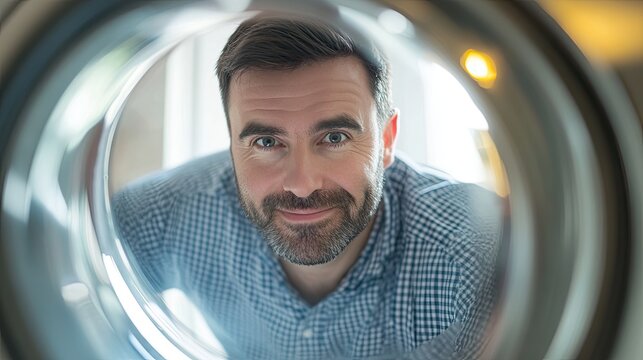 Man Peeking Through Washing Machine Door - Powered by Adobe