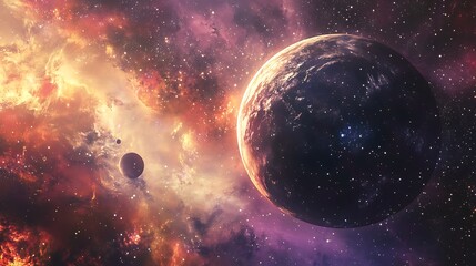 Artistic Space Illustration with a Planet and Nebula