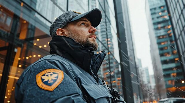 A security guard in a blue jacket and grey cap looking up at the snowy city.