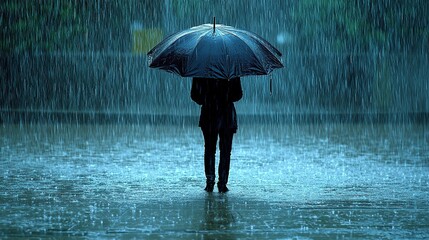 Silhouette of a person walking in heavy rain with an umbrella.