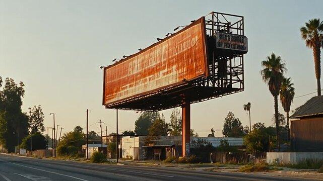 A weathered billboard stands tall against a backdrop of a sunny cityscape, showcasing the passage of time and the enduring presence of advertising.