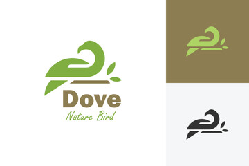 Nature bird dove or pigeon logo icon design with leaf symbol for beauty and nature product, abstract peace bird logo template