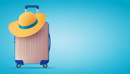 Obraz premium Modern Travel Suitcase with Beach Hat and Copy Space