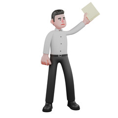 3D Strategy Expert Businessman. A male businessman stands with his left hand holding a stack of paper. Cartoon Male Professional