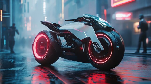 Futuristic motorcycle with glowing wheels on a neon-lit city street.