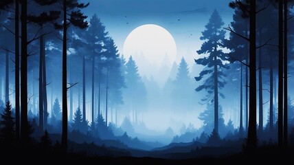 landscape night with moon illustration, tree illustration