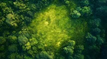 Aerial View of a Green Meadow Surrounded by Trees