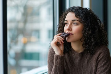 Woman sitting by a window, eating a piece of dark chocolate. She is focusing on the flavors and sensations
