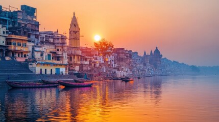 Obraz premium Serene Sunset Over River with Ancient Architecture