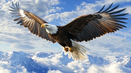 Obraz premium Bald eagle soars above snow-capped mountain peaks with clouds in the background.