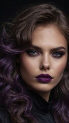 Fototapeta premium Woman with purple and blue wavy hair, dramatic makeup, and split effect design
