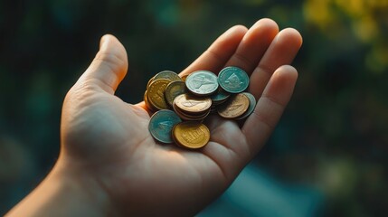 Hand Holding a Variety of Coins in Natural Light