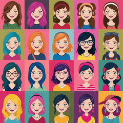 Collection of portraits of cute funny young stylish women. Bundle of smiling hipster girls with different hairstyles and accessories. Set of modern female avatars. Flat cartoon vector illustration