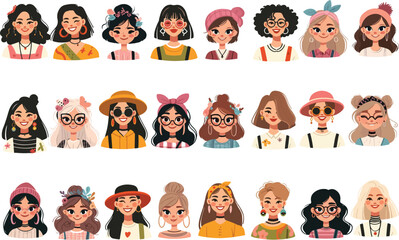 Collection of portraits of cute funny young stylish women. Bundle of smiling hipster girls with different hairstyles and accessories. Set of modern female avatars. Flat cartoon vector illustration