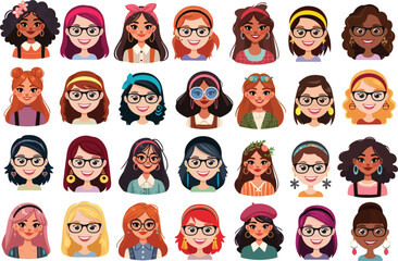 Collection of portraits of cute funny young stylish women. Bundle of smiling hipster girls with different hairstyles and accessories. Set of modern female avatars. Flat cartoon vector illustration