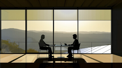 Focused Discussion: Two Delegates Deliberate Over Energy Proposal with Solar Panel Panorama as a Peaceful Backdrop