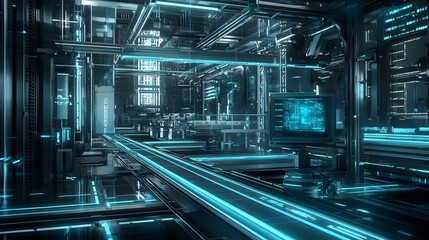 Obraz premium Orthogonal Lines: A high-tech industrial complex with orthogonal lines defining the layout, clean metallic surfaces and glowing blue lights reflecting from machines, creating a futuristic factory vibe