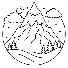 fantasy with a mountain outline coloring book page line art drawing