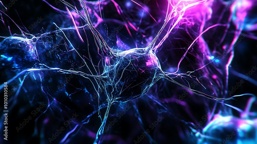 Poster abstract illustration of a neuron cell with glowing dendrites.