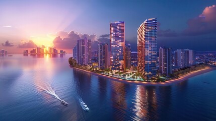 Obraz premium Dolphin fin skyscrapers, oceanfront, twilight, bird's-eye view, sleek curves, ambient lighting, wide-angle lens, vibrant colors