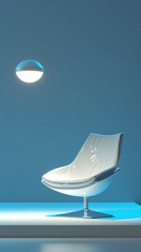 a 3d minimal white chair, above a floting lamp, render 3d, ambient colors, Blue background 