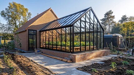 Fototapeta premium Modern black framed greenhouse attached to a brick house with plants growing inside.