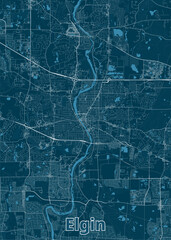 Map of Elgin, a city in Illinois, USA. The map is rendered in a minimalist style with a dark blue background and white lines representing roads and waterways.