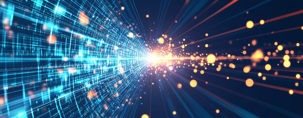 Fototapeta premium Dynamic abstract background with blurred digital lines and glowing particles, creating sense of depth and movement. This vibrant composition evokes feeling of energy and innovation