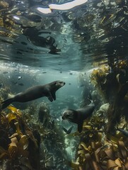 Fototapeta premium Pacific kelp forest, sea otters, clear waters, bird's-eye view, vibrant marine life, wide-angle lens, detailed underwater