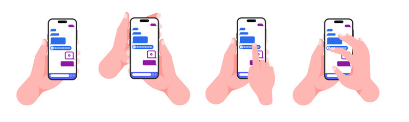 Hands Holding Smartphone on Social Messenger: Finger Touching and Tapping Video and Voice Messages on Screen - Vector Illustration