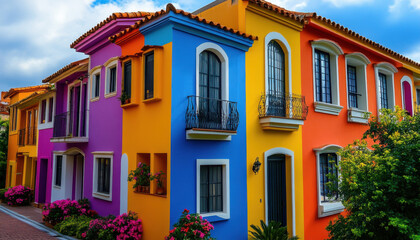 Naklejka premium Vibrant, colorful houses with blooming flowers create a lively and cheerful street scene, evoking a sense of joy and community in a picturesque neighborhood.