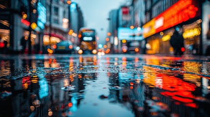 Obraz premium City street lights reflected in a puddle after the rain.