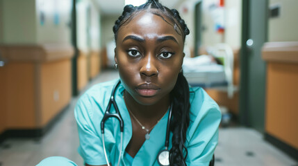The Weariness of Care: A Healthcare Provider with Stethoscope Rests in a Shadowy Hospital Corridor