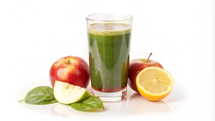 A glass of green smoothie with two apples and a lemon on a white background.