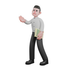 Male Business in Corporate Setting. A male businessman stands with his left hand carrying a document while his right hand is raised up, as if explaining. 3D Character