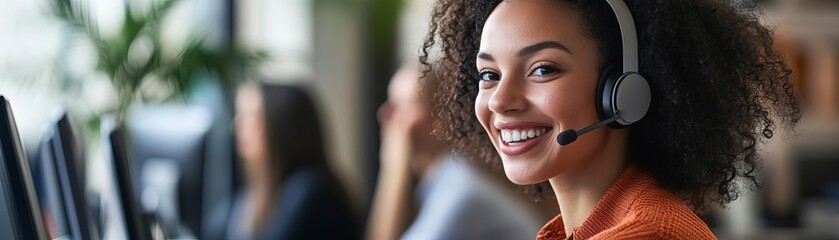 Smiling woman in headset at call center
