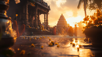 Morning atmosphere in Puthandu, devotees gather at the temple to pray together, the temple is decorated with jasmine flowers and oil lamps, the rising sun provides a soft light in the background