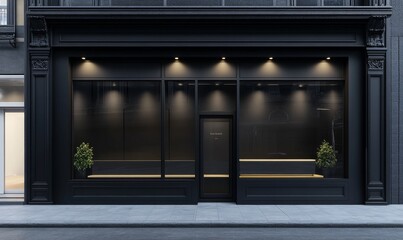 A black storefront with a glass door and windows, lit by spotlights.