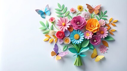 Paper craft flower bouquet with butterfly clip art , paper craft, flower, bouquet, butterfly,botanical, round